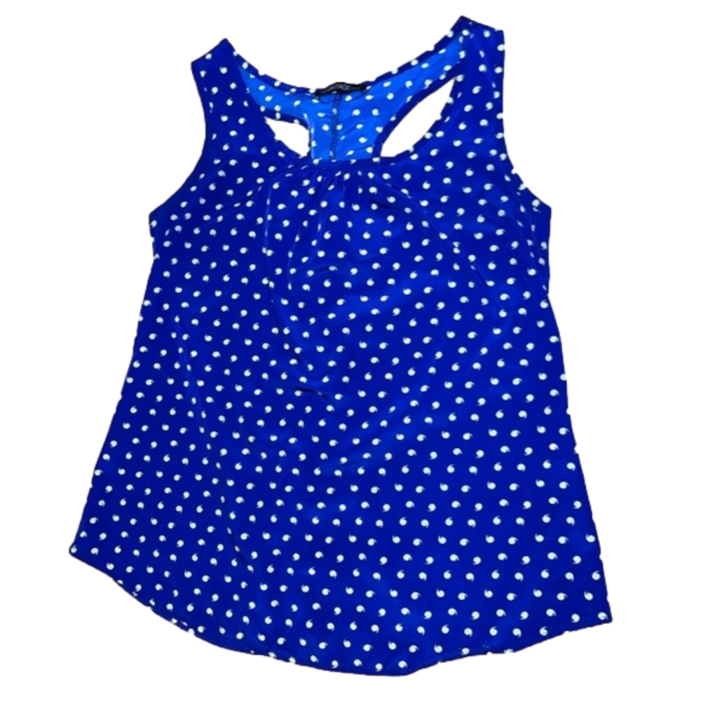 The Vintage Shop blue polka dot tank with ruffle detail on back
